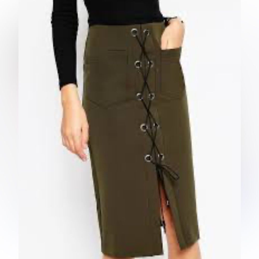 ASOS Military Lace Up Pencil Skirt in army green size 0